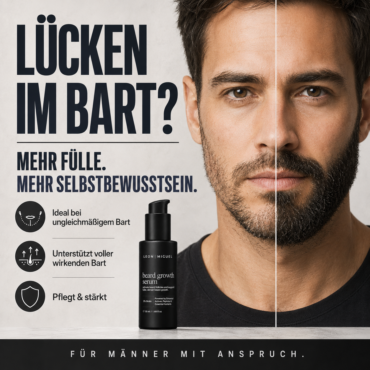 Mann mit geteiltem Bartbild und Leon Miguel Bartserum, Fokus auf löchrigen Bart, mehr Fülle, dichter wirkenden Bart und gepflegtes Aussehen.