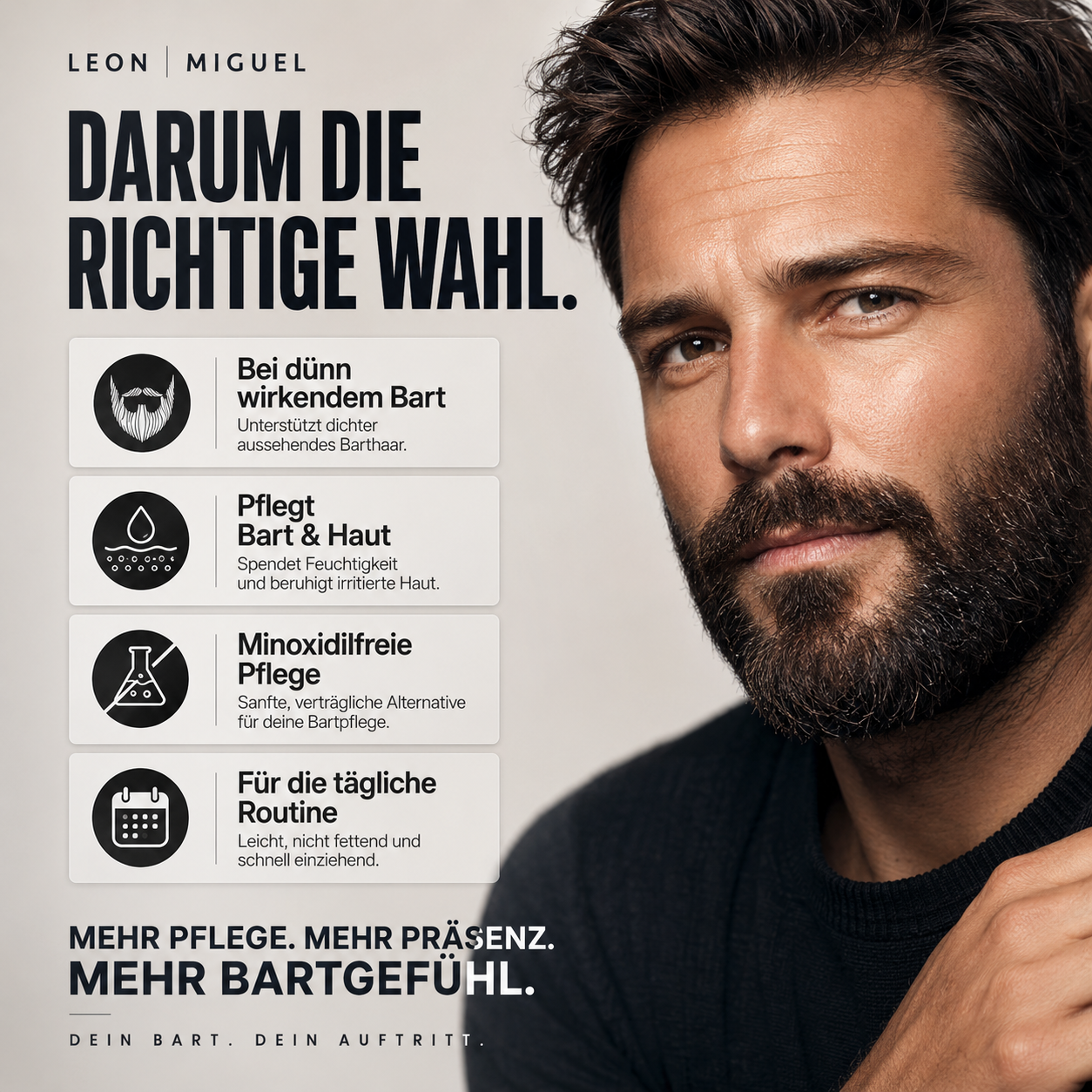 Nahaufnahme eines mattschwarzen Pumpkopfs und Leon Miguel Bartserums mit Fokus auf sparsamen Pumper, präzise Dosierung, saubere Anwendung und ergiebige 50 ml.