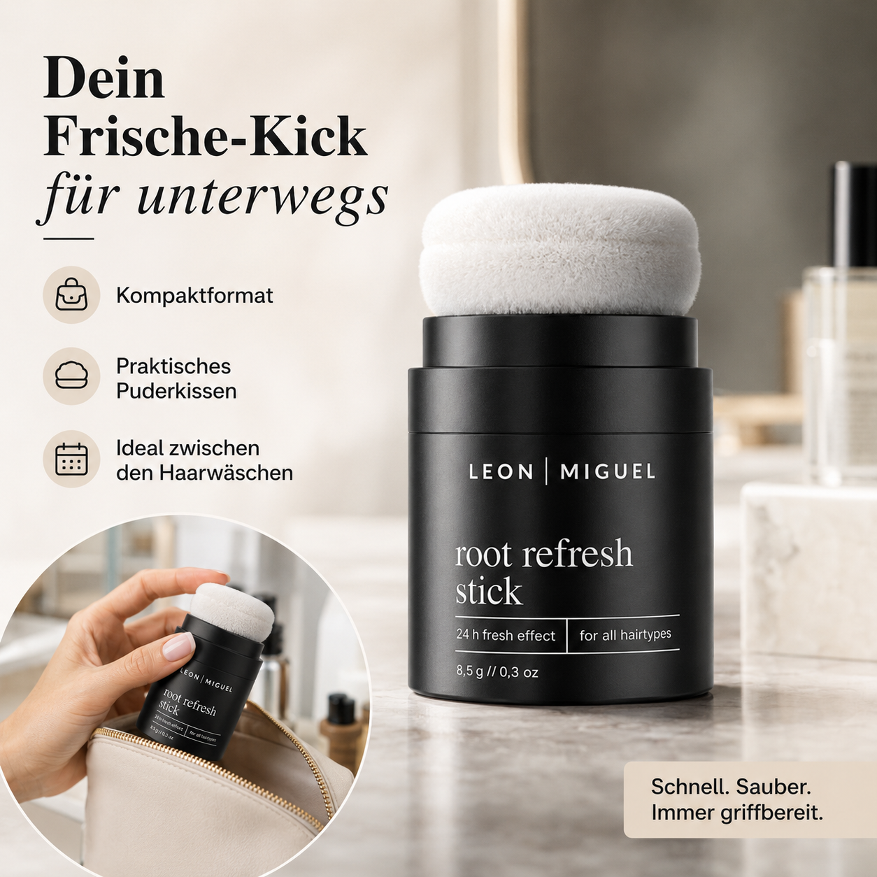 Anwendung des LEON MIGUEL Root Refresh Stick in 3 Schritten für frischen Haaransatz und mattes Finish