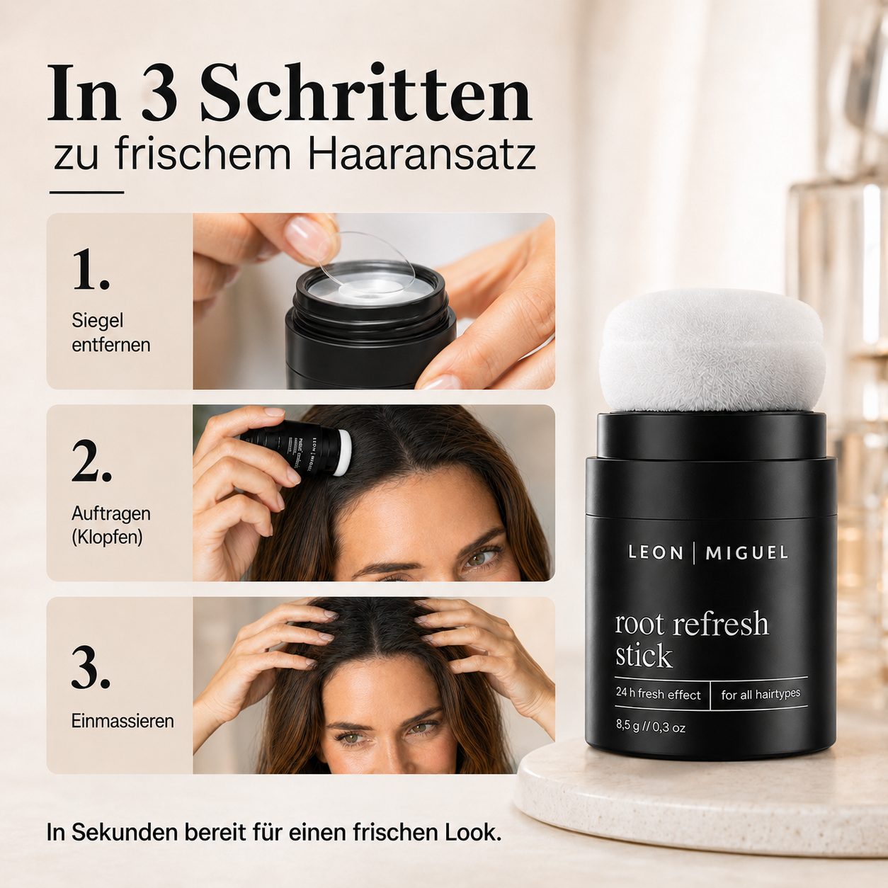 Trockenshampoo im Kompaktformat von LEON MIGUEL für unterwegs ohne weiße Rückstände und mit leichtem Grip