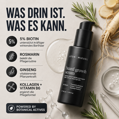 Leon Miguel Beard Growth Serum mit Rosmarin, Ginseng und Pflegewirkstoffen wie 5 Prozent Biotin, Kollagen und Vitamin B6 auf hellem Hintergrund für Männer mit Fokus auf Bartpflege und Bartvitalität.