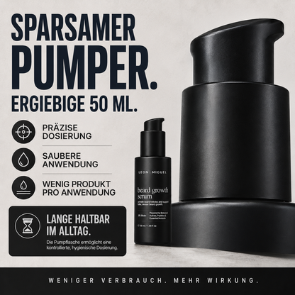 Bearded male model mit Übersicht zu den Vorteilen des Leon Miguel Bartserums, darunter Pflege für Bart und Haut, minoxidilfreie Formel, tägliche Anwendung und Unterstützung für dichter wirkendes Barthaar.