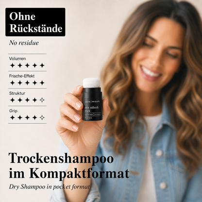Root Refresh Stick von LEON MIGUEL mattiert fettige Ansätze sofort und sorgt für einen frischen Look